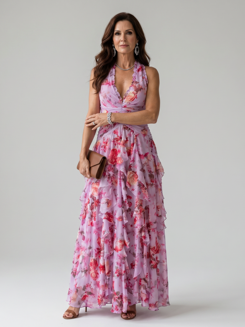 Nori | Vestido Maxi Halter con Cuerpo Fruncido Floral
