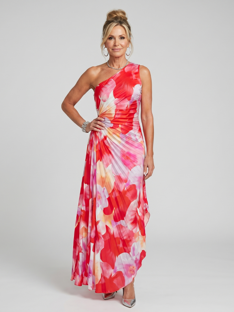 Taya | Vestido Midi Monohombro con Cuerpo Plisado