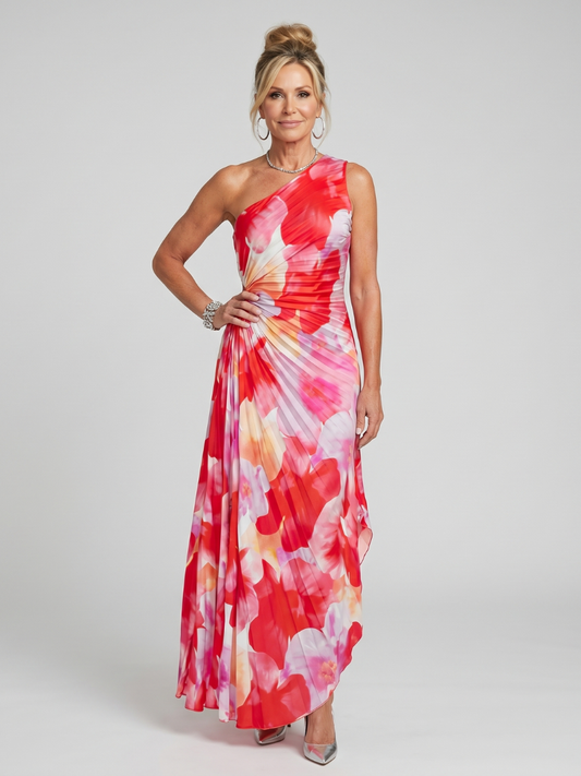 Taya | Vestido Midi Monohombro con Cuerpo Plisado