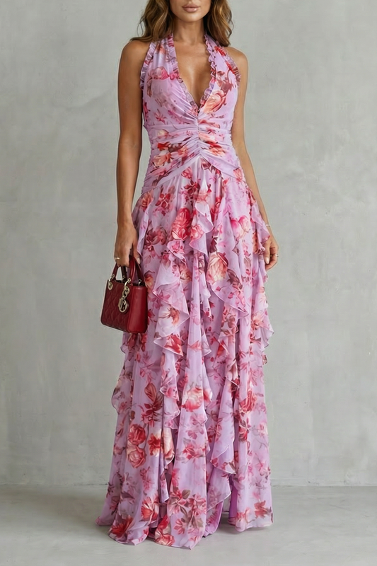 Adriana — Vestido Largo Halter de Chifón con Estampado de Rosas