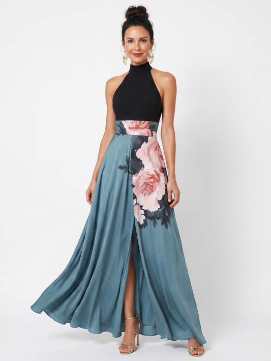 Olympas | Vestido Maxi Halter con Cuerpo Floral y Falda