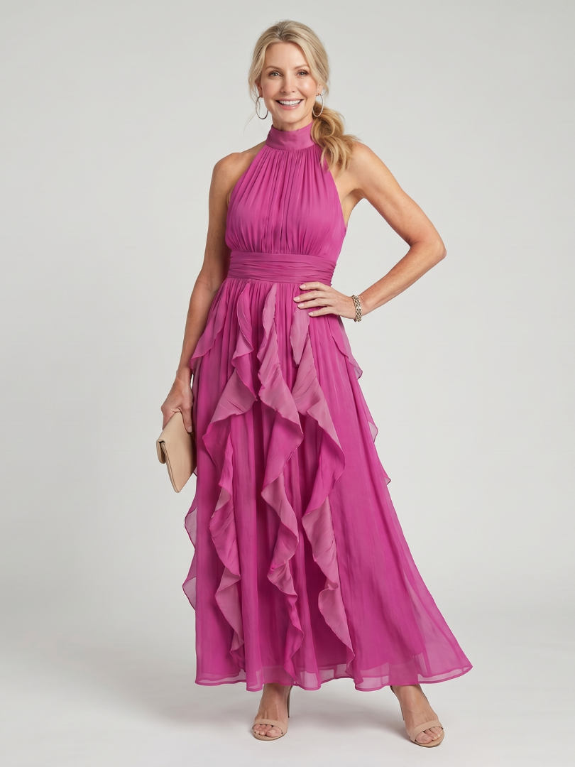 Orea | Vestido Maxi Cuello Alto con Volantes Fruncidos