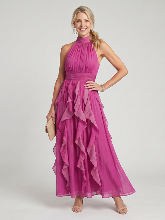 Orea | Vestido Maxi Cuello Alto con Volantes Fruncidos