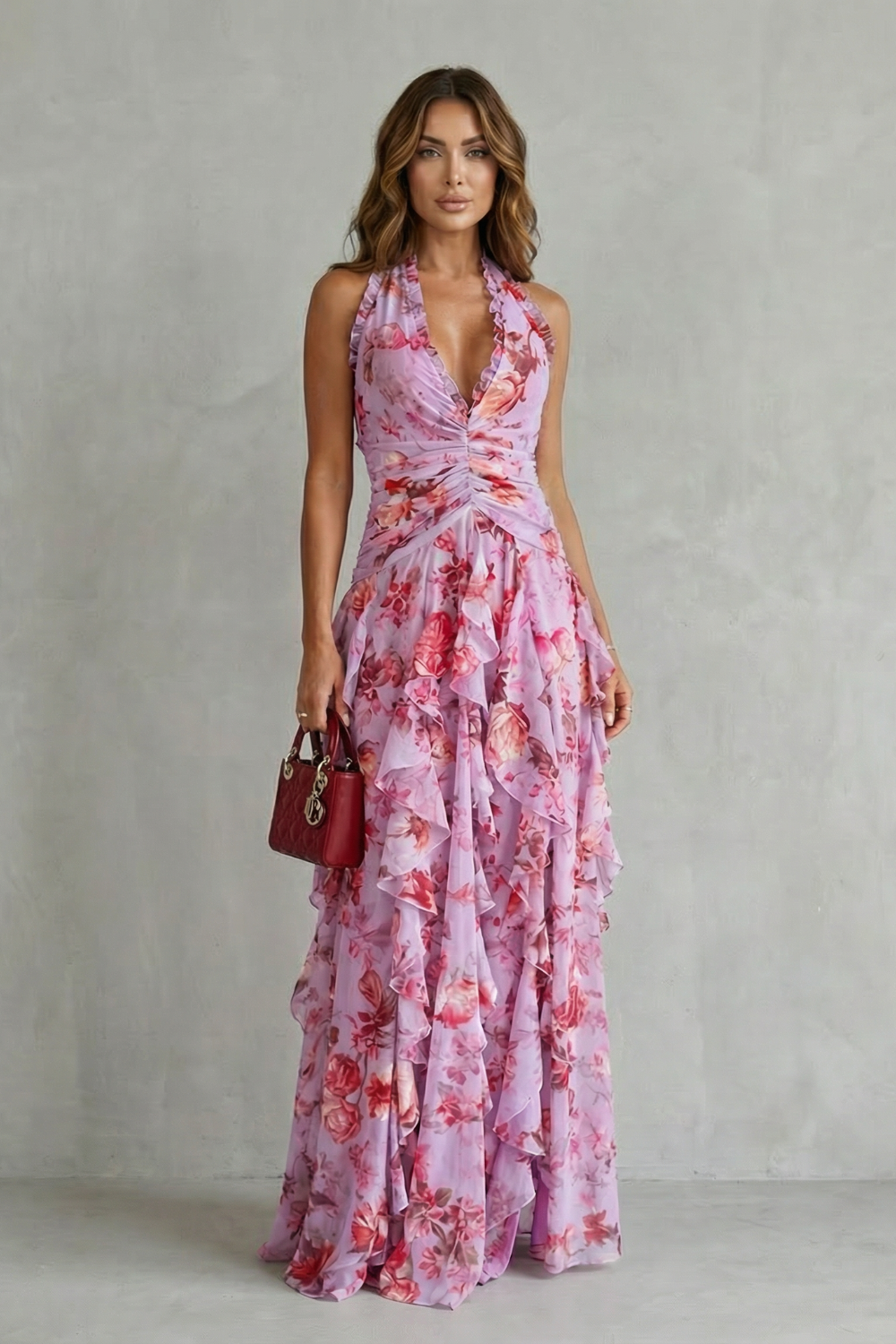 Adriana — Vestido Largo Halter de Chifón con Estampado de Rosas