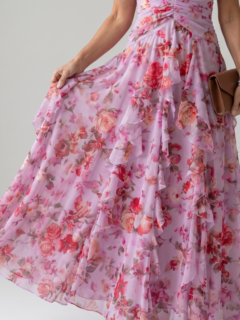 Nori | Vestido Maxi Halter con Cuerpo Fruncido Floral