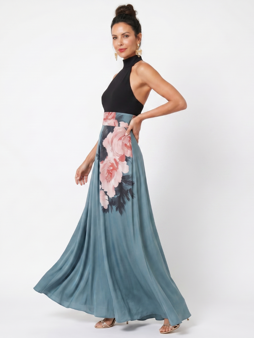 Olympas | Vestido Maxi Halter con Cuerpo Floral y Falda