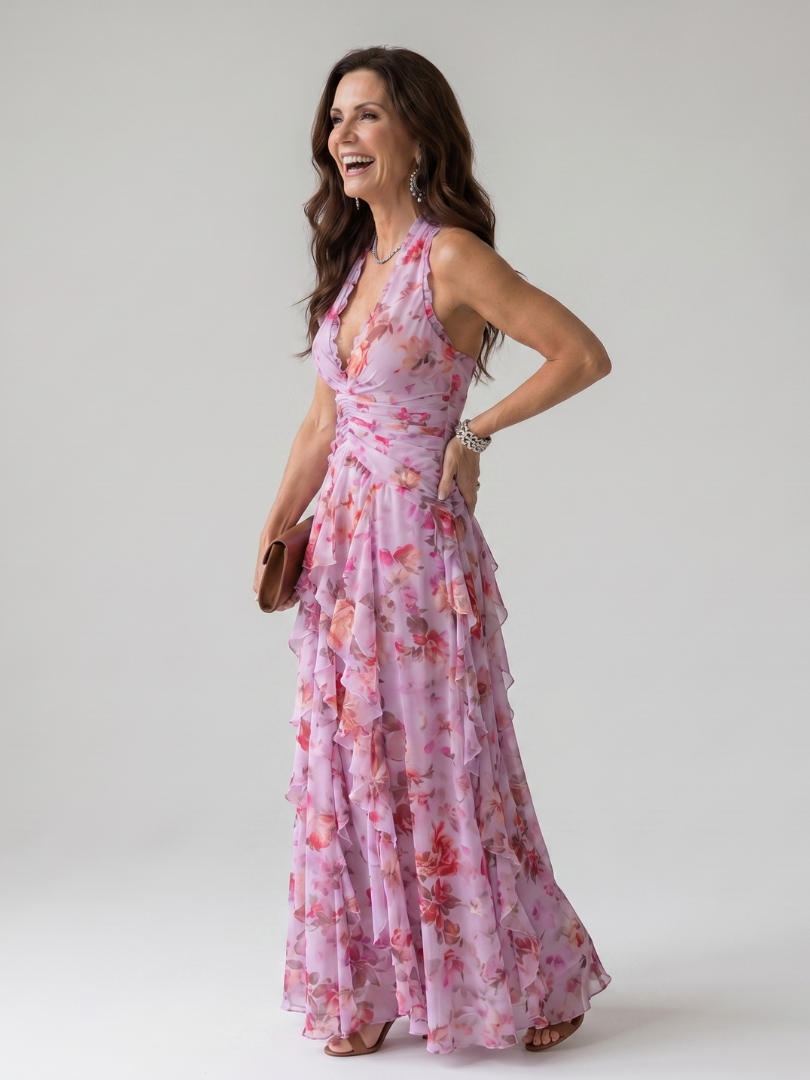 Nori | Vestido Maxi Halter con Cuerpo Fruncido Floral