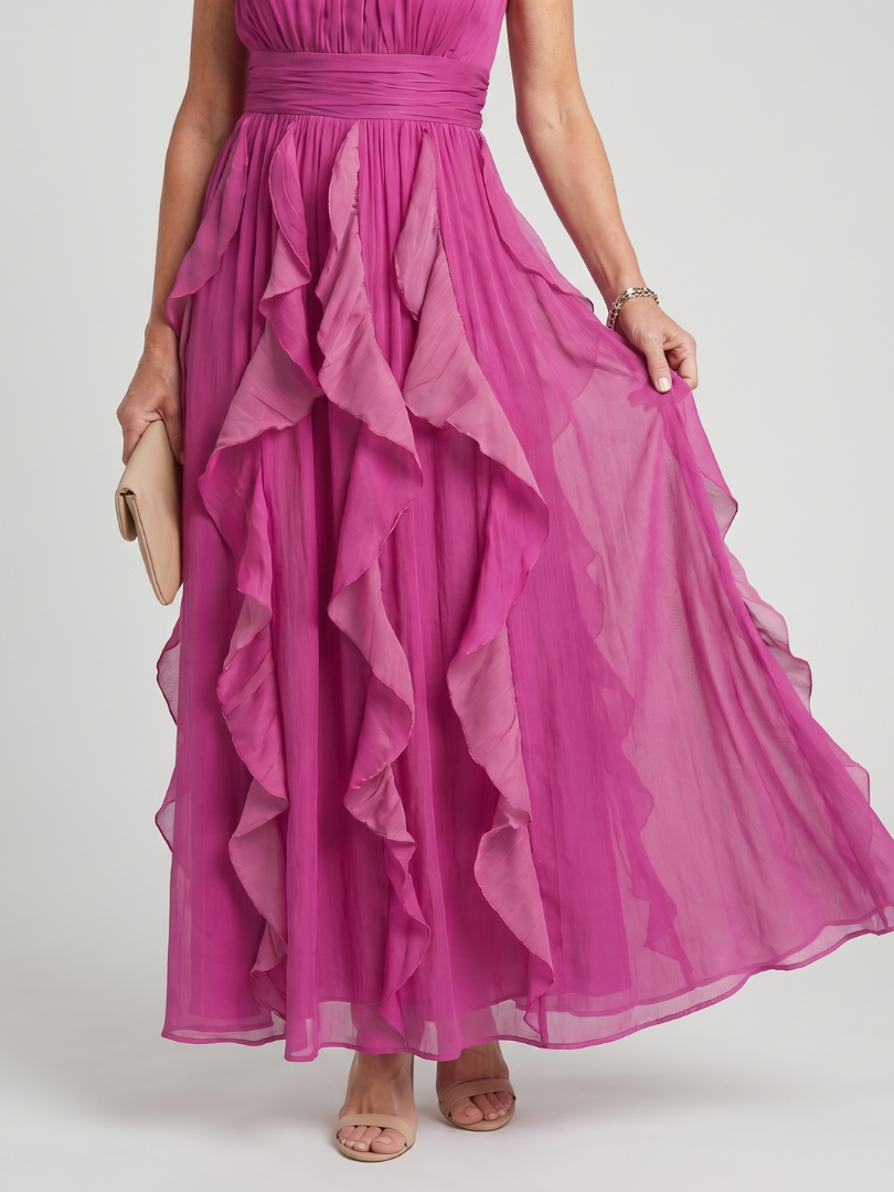 Orea | Vestido Maxi Cuello Alto con Volantes Fruncidos
