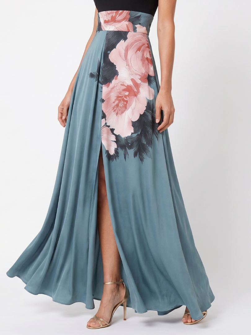 Olympas | Vestido Maxi Halter con Cuerpo Floral y Falda