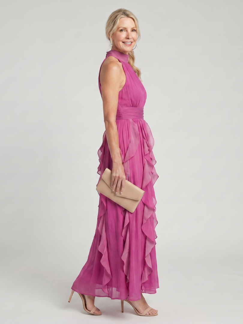 Orea | Vestido Maxi Cuello Alto con Volantes Fruncidos