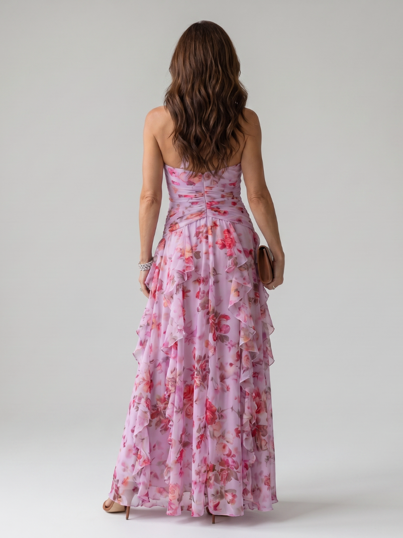 Nori | Vestido Maxi Halter con Cuerpo Fruncido Floral