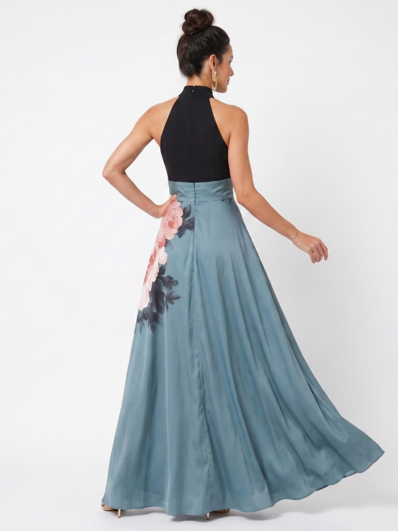 Olympas | Vestido Maxi Halter con Cuerpo Floral y Falda
