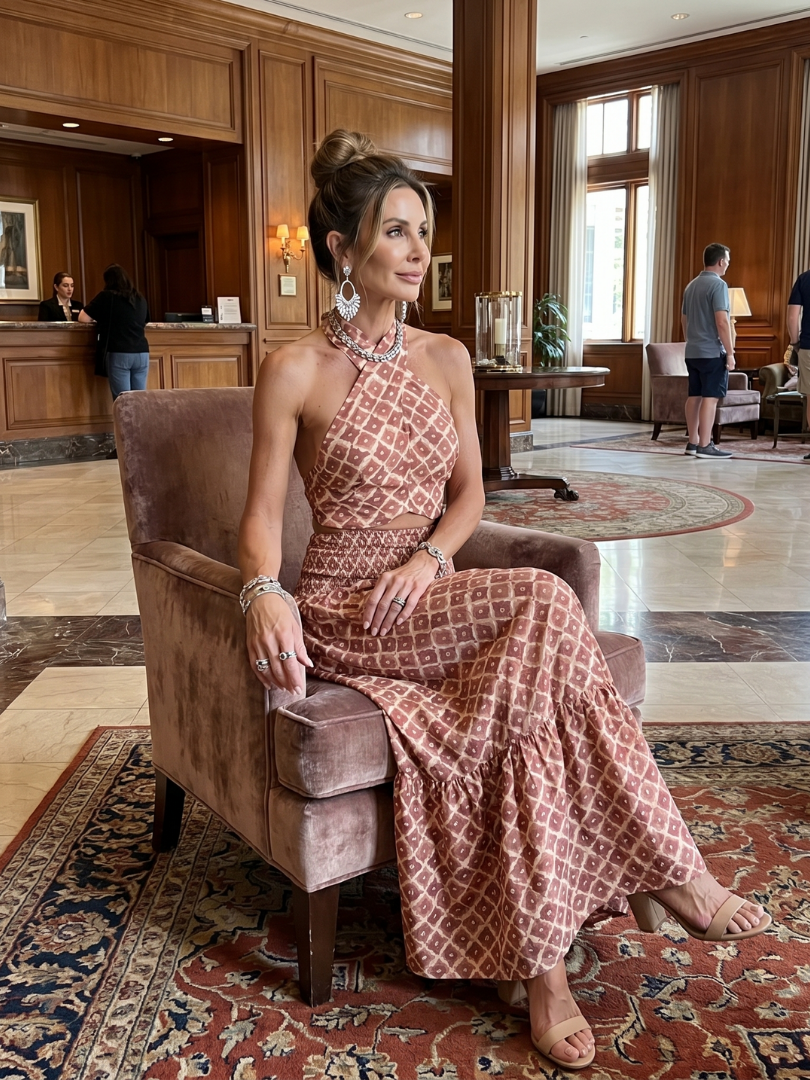 Amira | Vestido Midi Halter Cruzado con Estampado Geométrico y Abertura