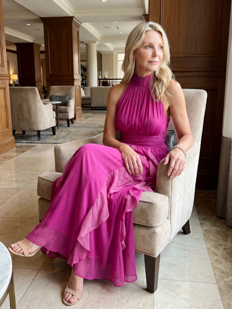 Orea | Vestido Maxi Cuello Alto con Volantes Fruncidos