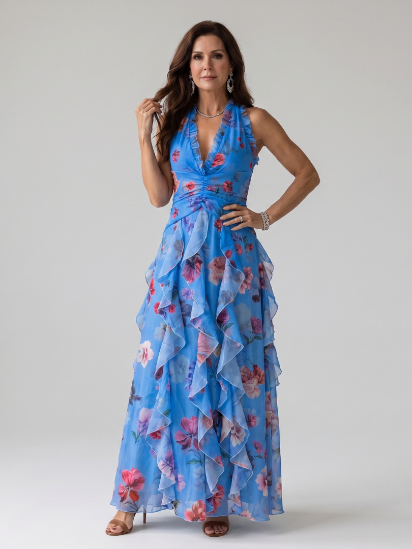 Nori | Vestido Maxi Halter con Cuerpo Fruncido Floral