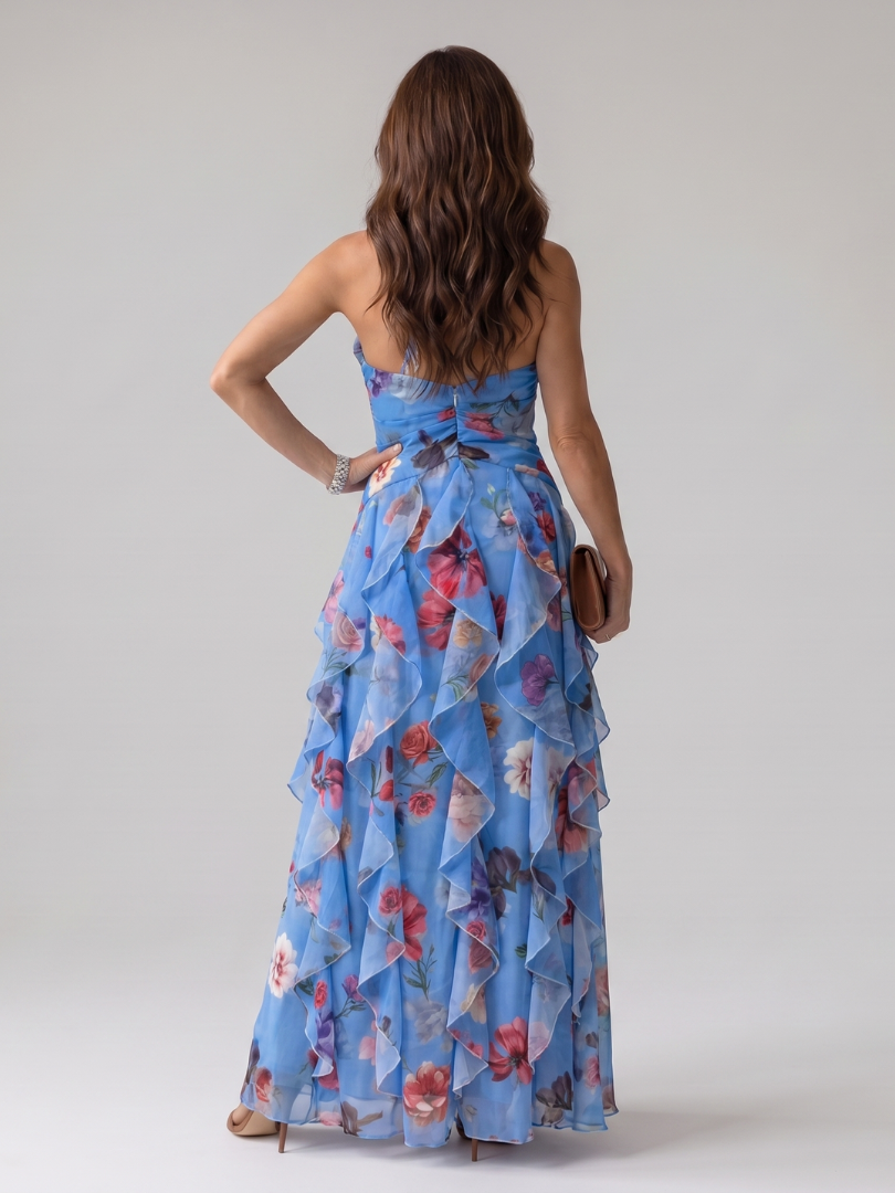Nori | Vestido Maxi Halter con Cuerpo Fruncido Floral