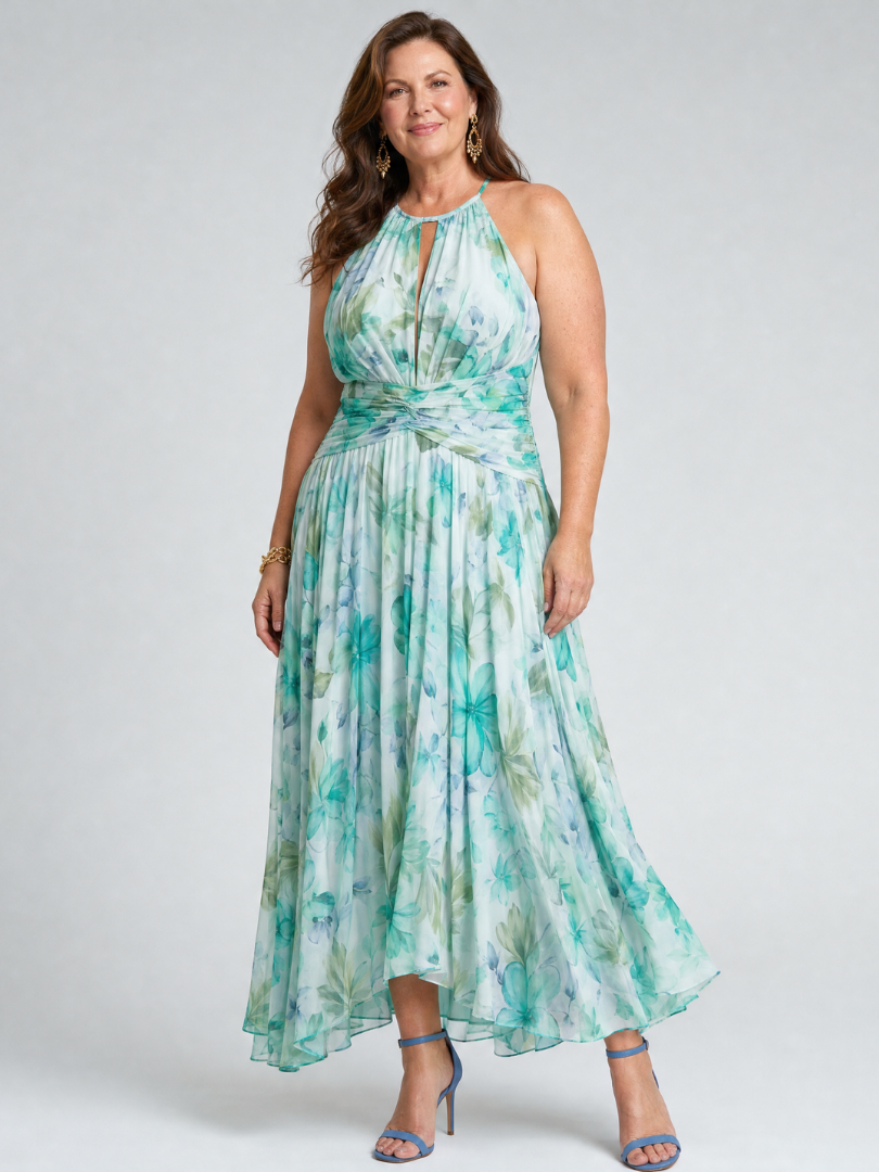 Portia | Vestido Midi Halter Plisado con Estampado Floral Suave