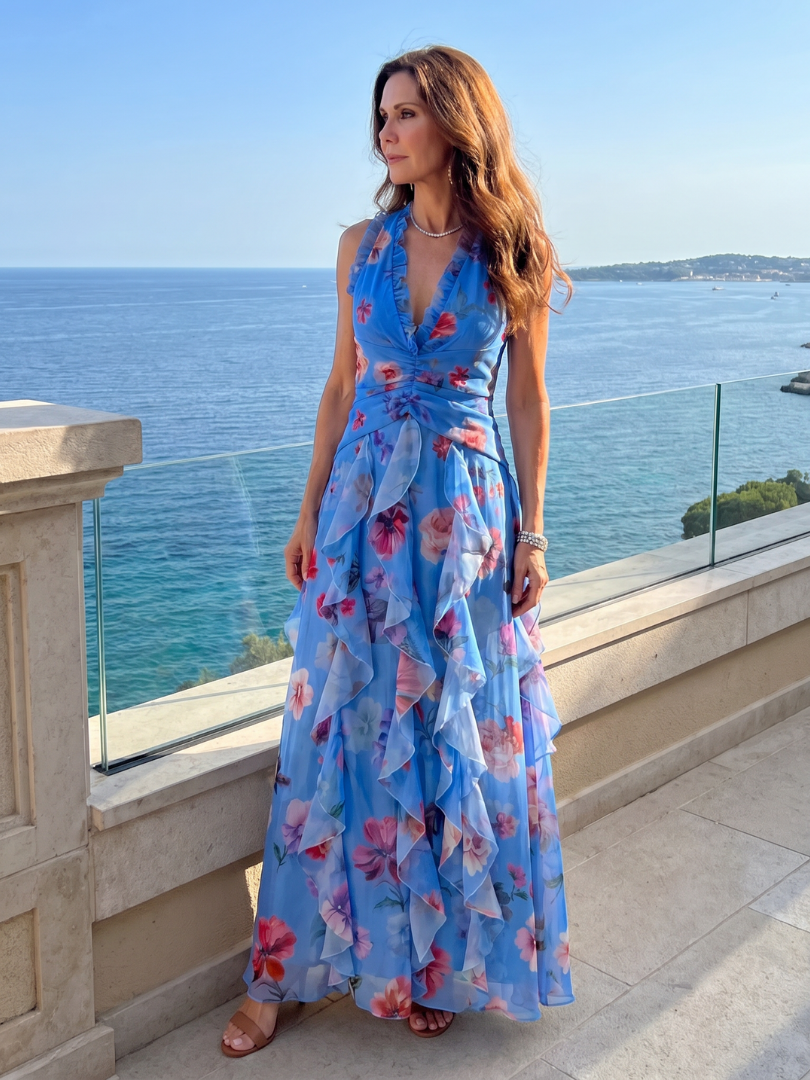 Nori | Vestido Maxi Halter con Cuerpo Fruncido Floral