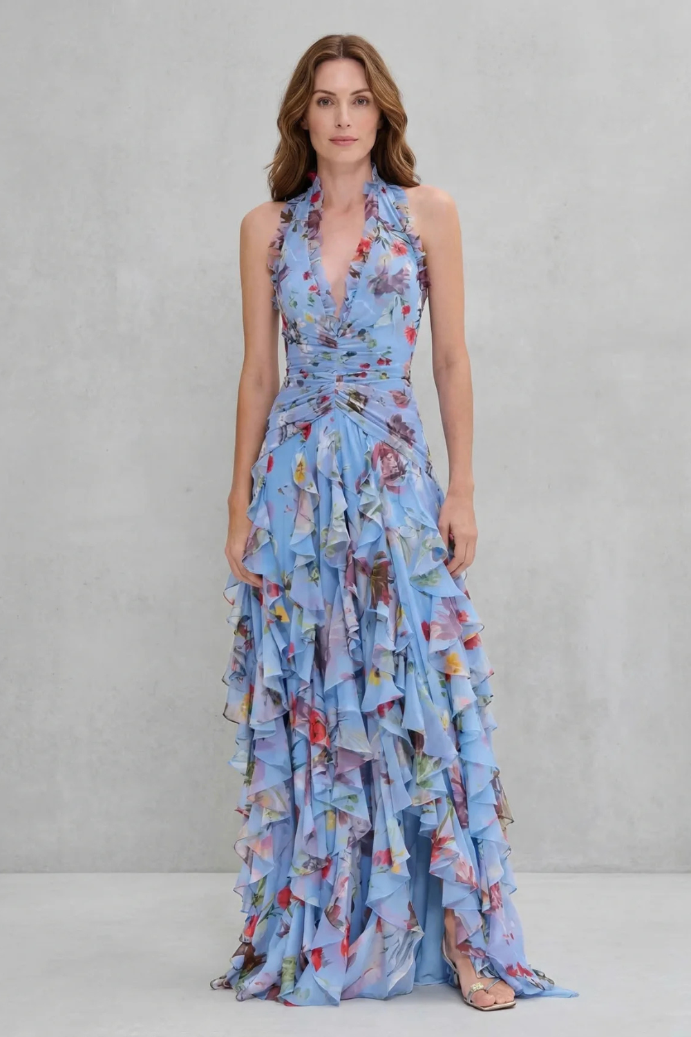 Adriana — Vestido Largo Halter de Chifón con Estampado de Rosas