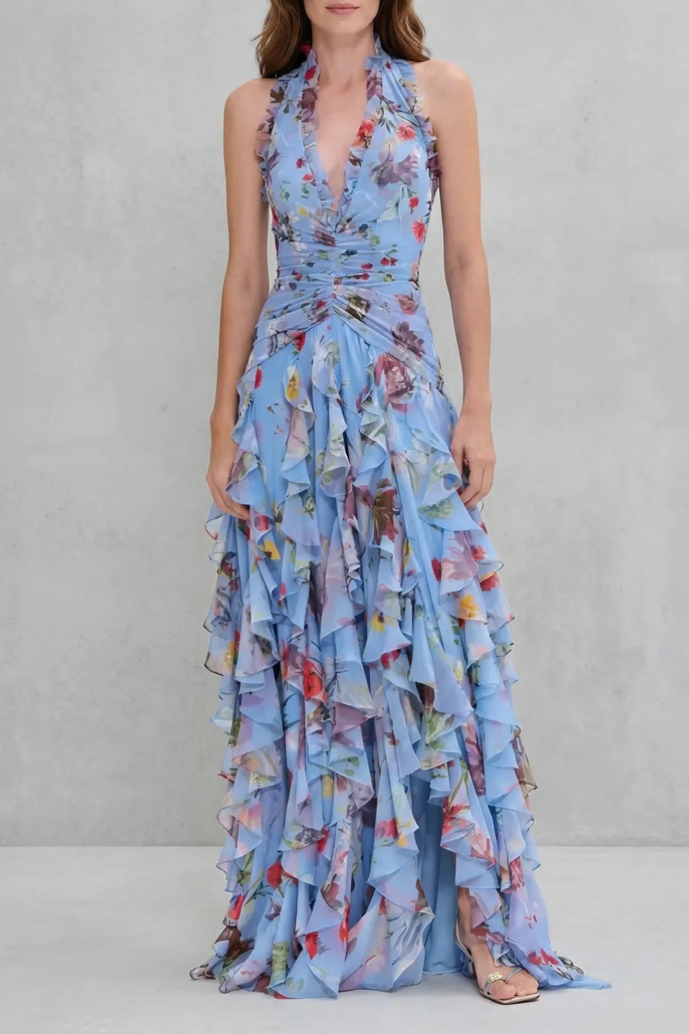 Adriana — Vestido Largo Halter de Chifón con Estampado de Rosas