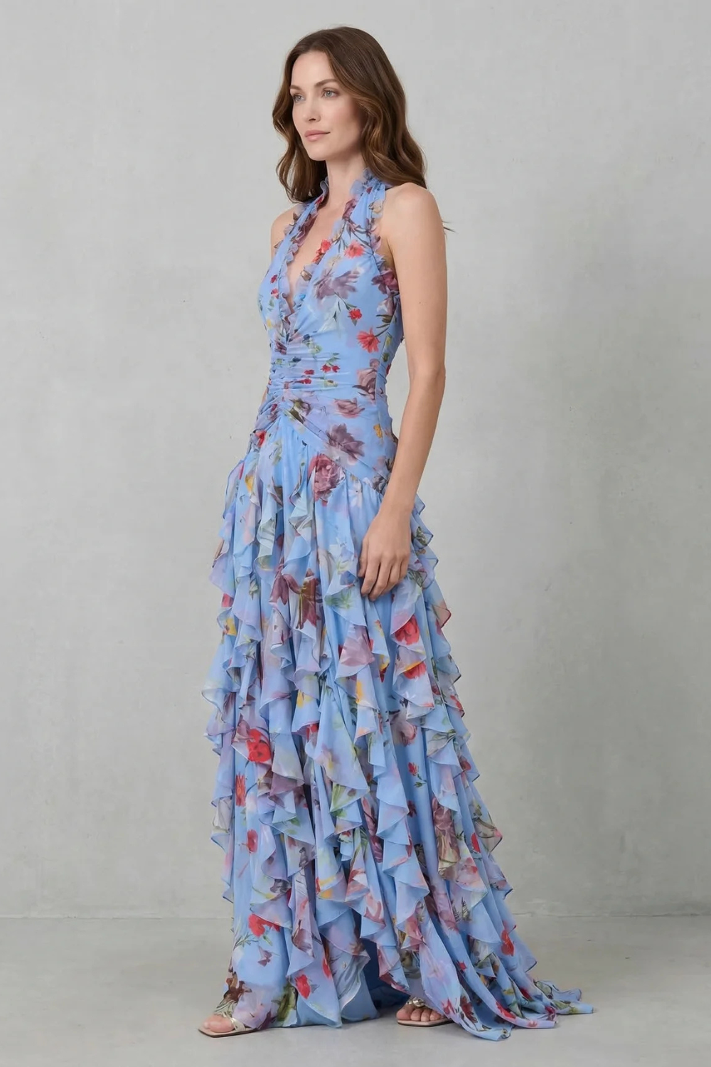Adriana — Vestido Largo Halter de Chifón con Estampado de Rosas