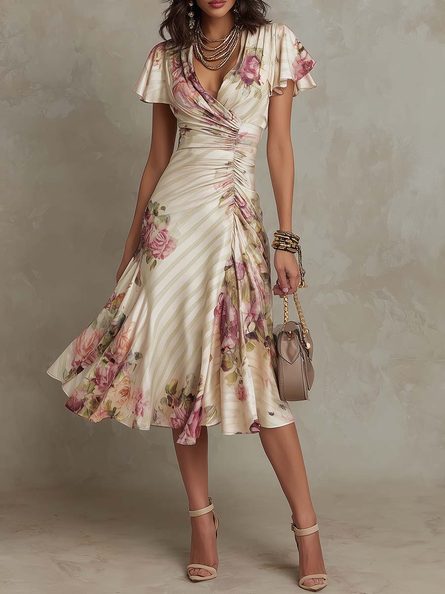 Margaret — Vestido Midi de Raso Floral Vintage