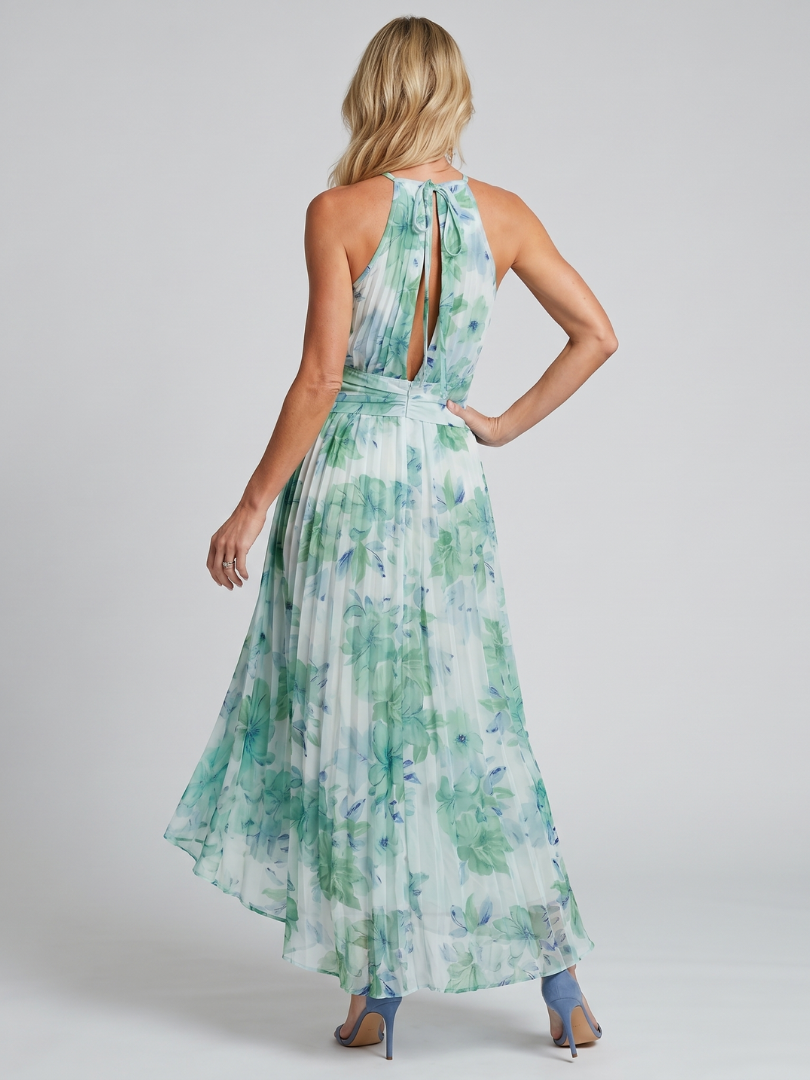 Portia | Vestido Midi Halter Plisado con Estampado Floral Suave