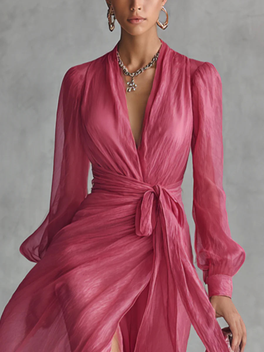 Beatrice — Vestido Largo de Chifón Rosa con Escote en V