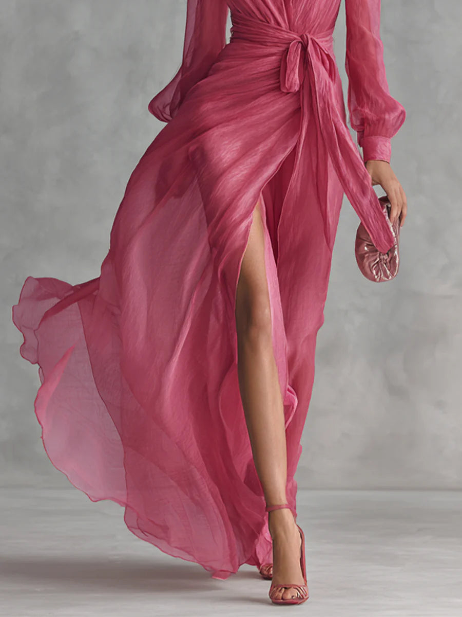 Beatrice — Vestido Largo de Chifón Rosa con Escote en V