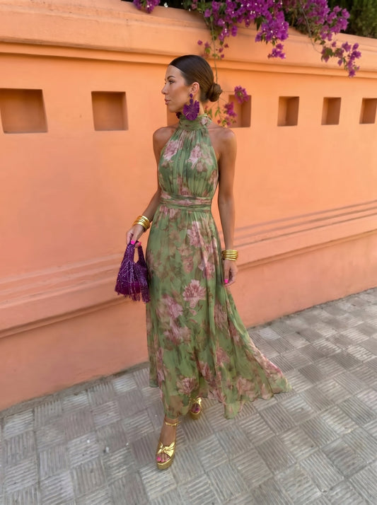 Florence — Vestido Largo Halter Floral Verde