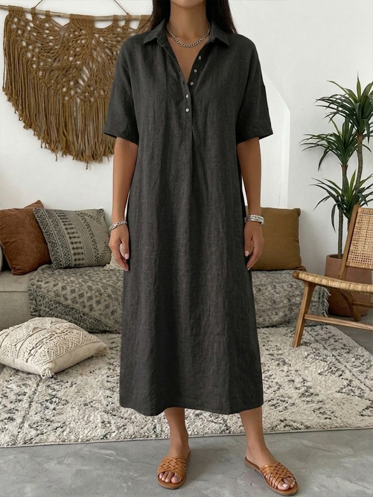 Vestido Polo de Lino y Algodón — Manga Corta, Línea Suave