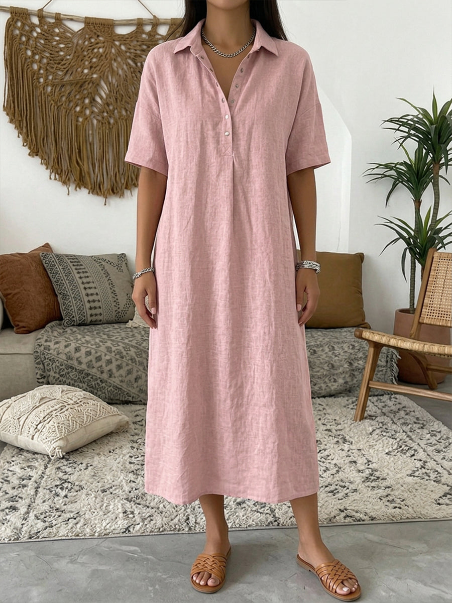 Vestido Polo de Lino y Algodón — Manga Corta, Línea Suave
