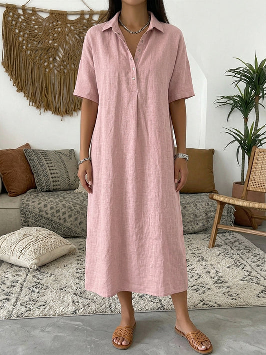 Vestido Polo de Lino y Algodón — Manga Corta, Línea Suave