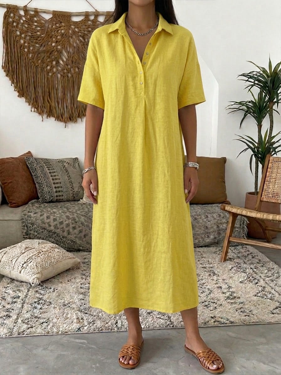Vestido Polo de Lino y Algodón — Manga Corta, Línea Suave