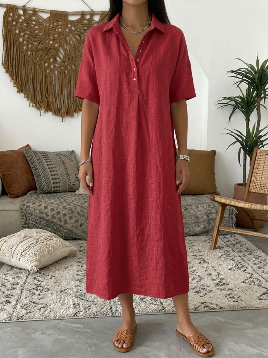 Vestido Polo de Lino y Algodón — Manga Corta, Línea Suave