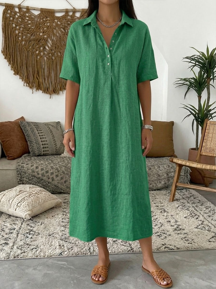 Vestido Polo de Lino y Algodón — Manga Corta, Línea Suave
