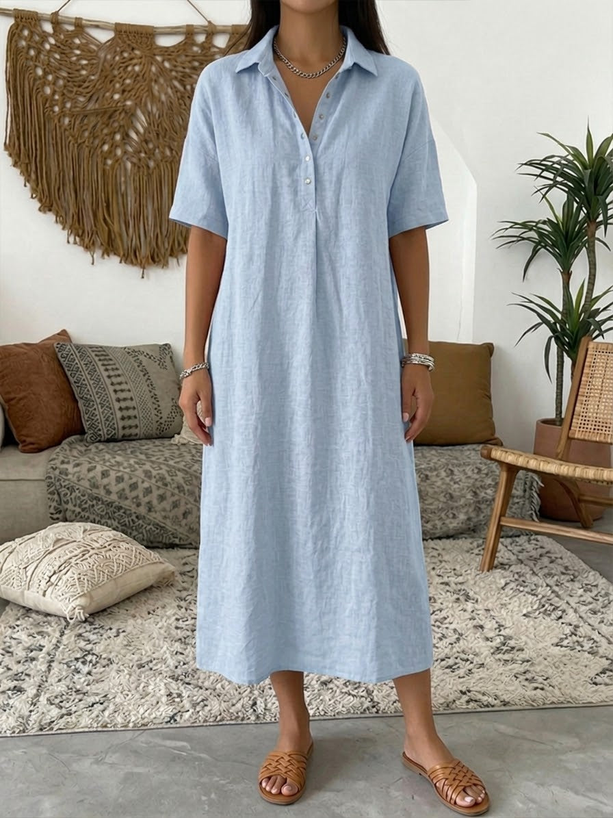 Vestido Polo de Lino y Algodón — Manga Corta, Línea Suave