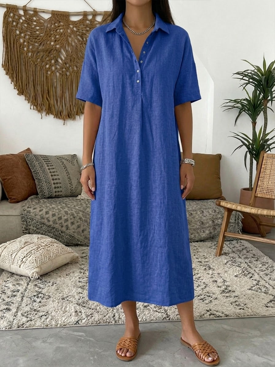 Vestido Polo de Lino y Algodón — Manga Corta, Línea Suave