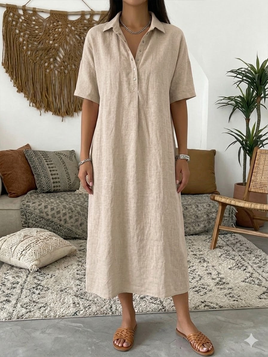 Vestido Polo de Lino y Algodón — Manga Corta, Línea Suave